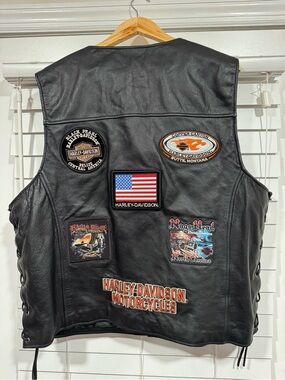 Harley-Davidson Black Leather Patch Back Vest with American Flag